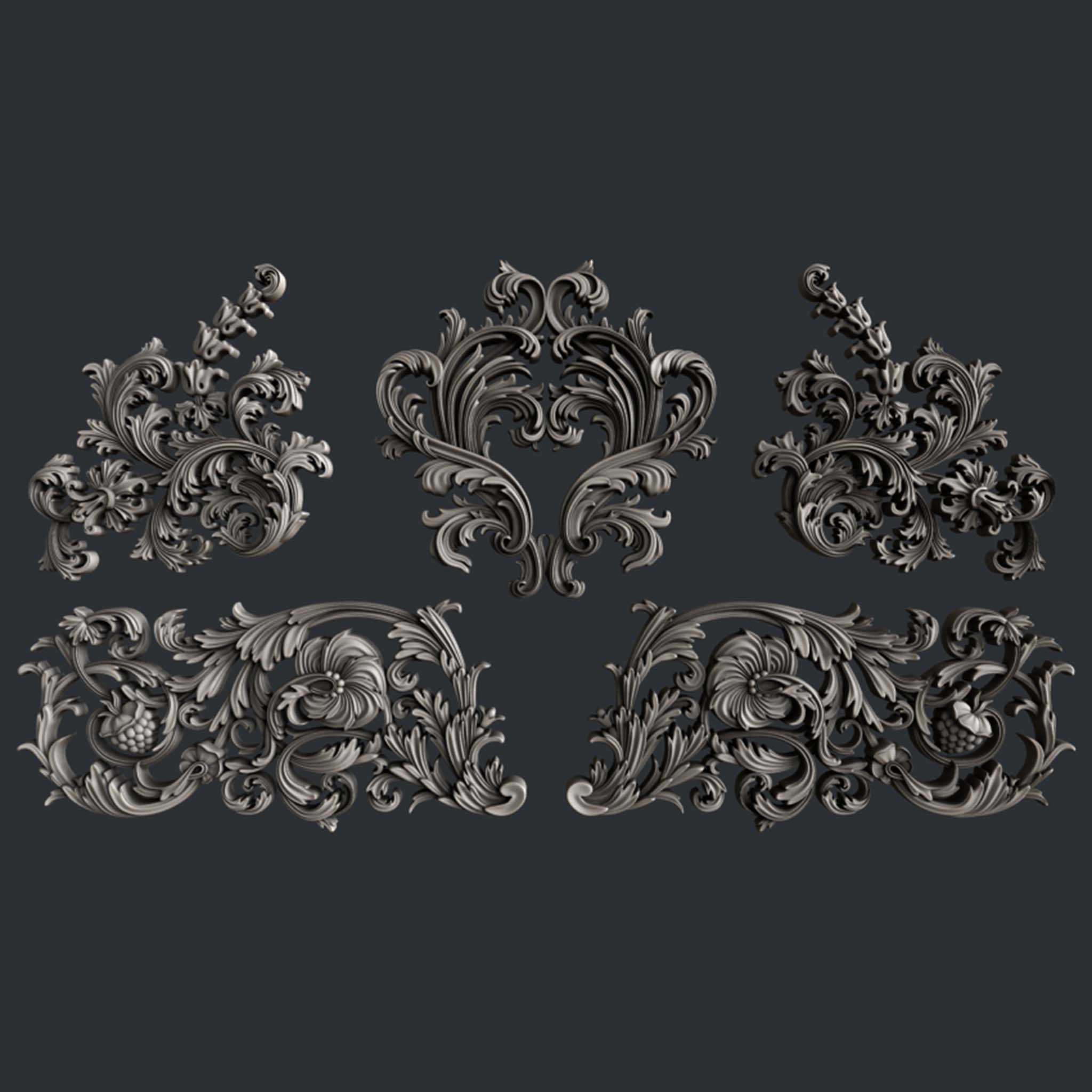 Silver colored castings of 5 ornate flourish accent pieces are against a dark grey background.