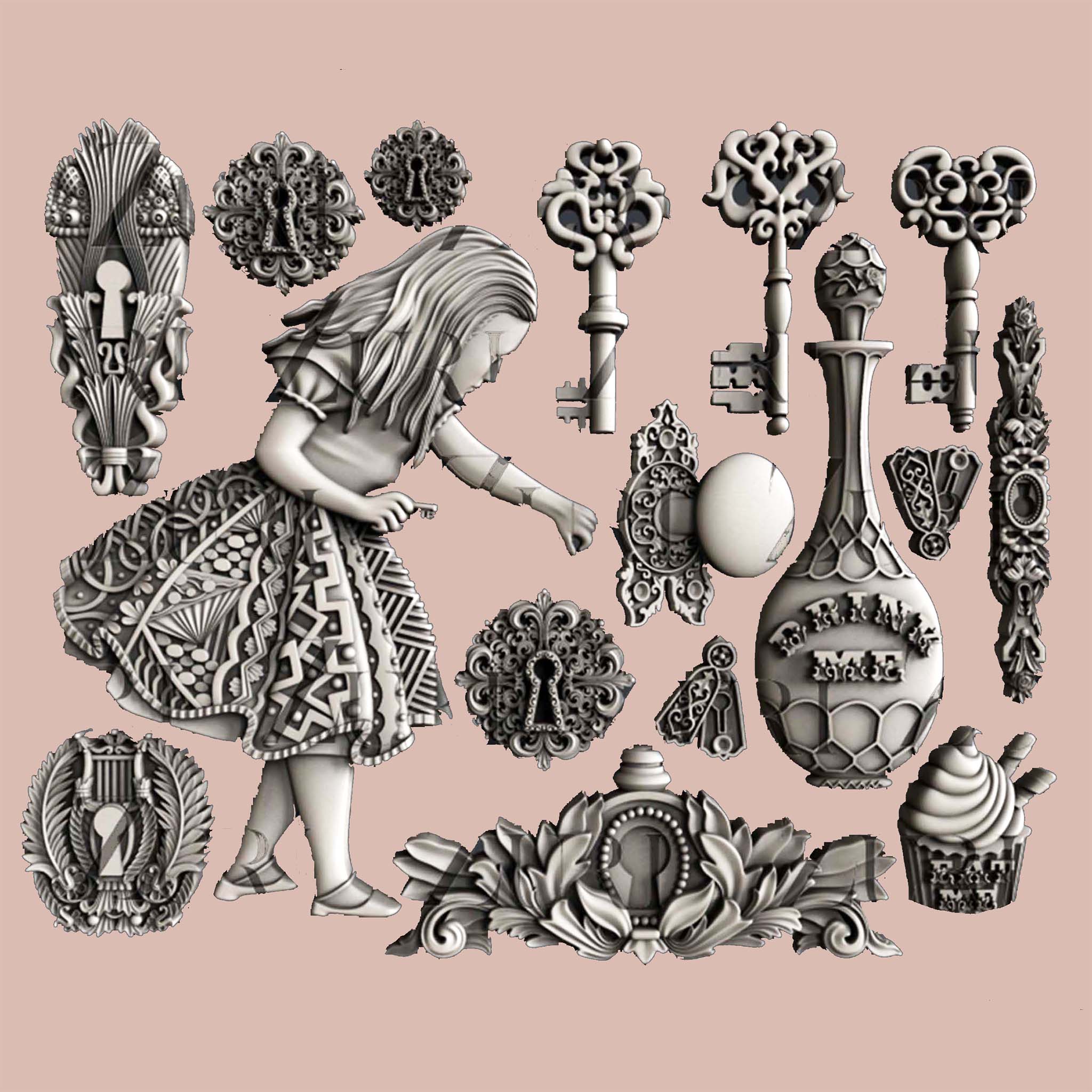 Silver colored silicone mold castings featuring Alice surrounded by keys, bottles, and other iconic images from Wonderland are against a light pink background.