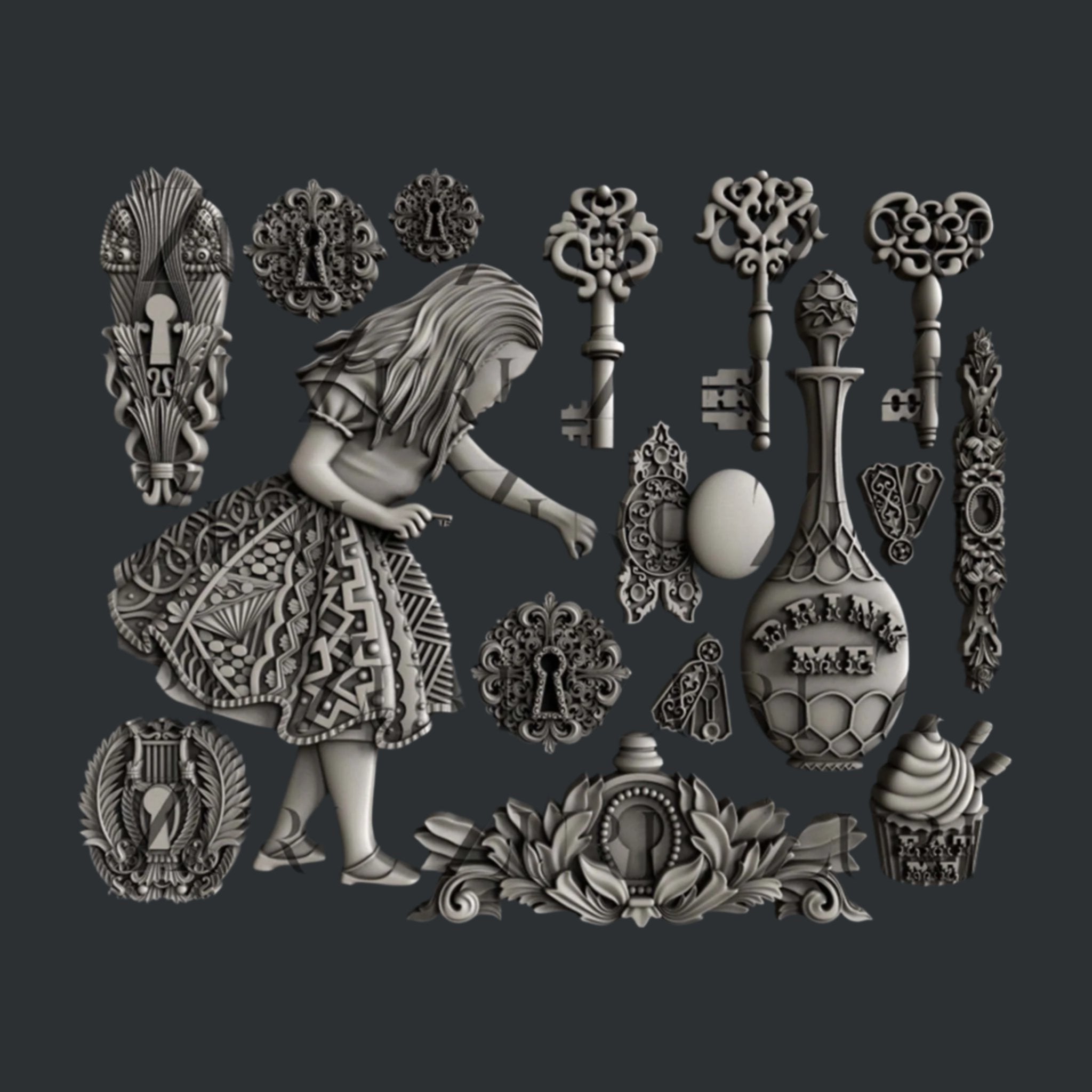 Silver colored silicone mold castings featuring Alice surrounded by keys, bottles, and other iconic images from Wonderland are against a dark grey background with the Zuri watermark.