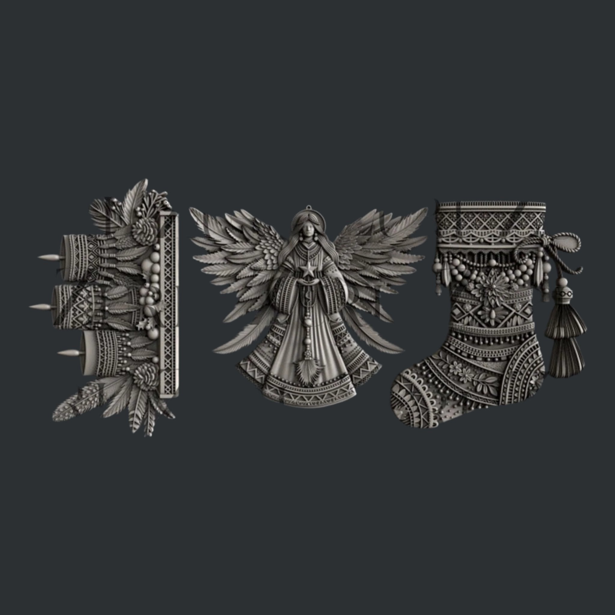 Silver colored silicone mold castings of a Christmas angel, a stocking, and a candle arrangement in Bohemian style are against a dark grey background.