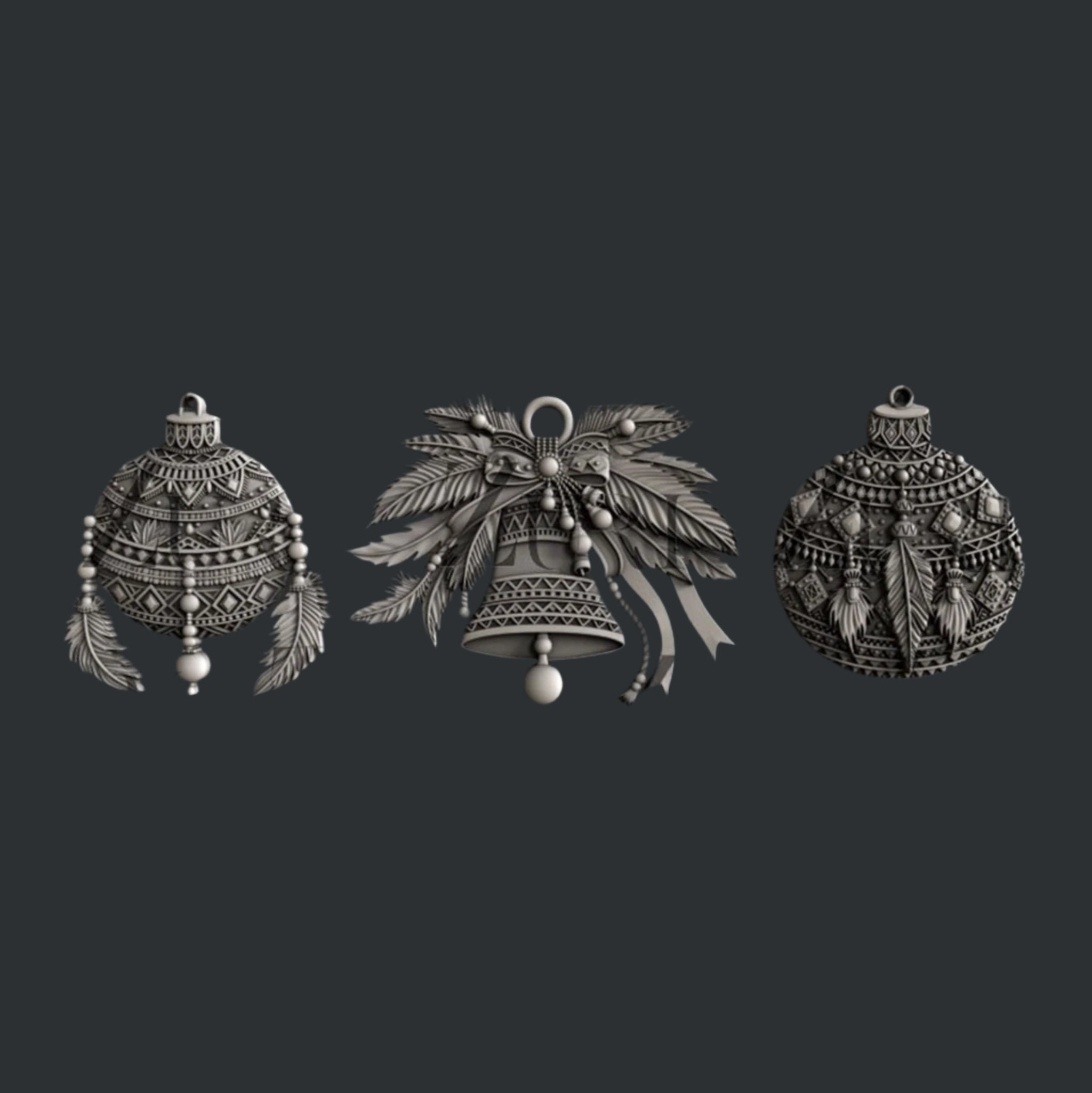 Silver colored castings of 3 Bohemian style Christmas ornaments are against a dark grey background.