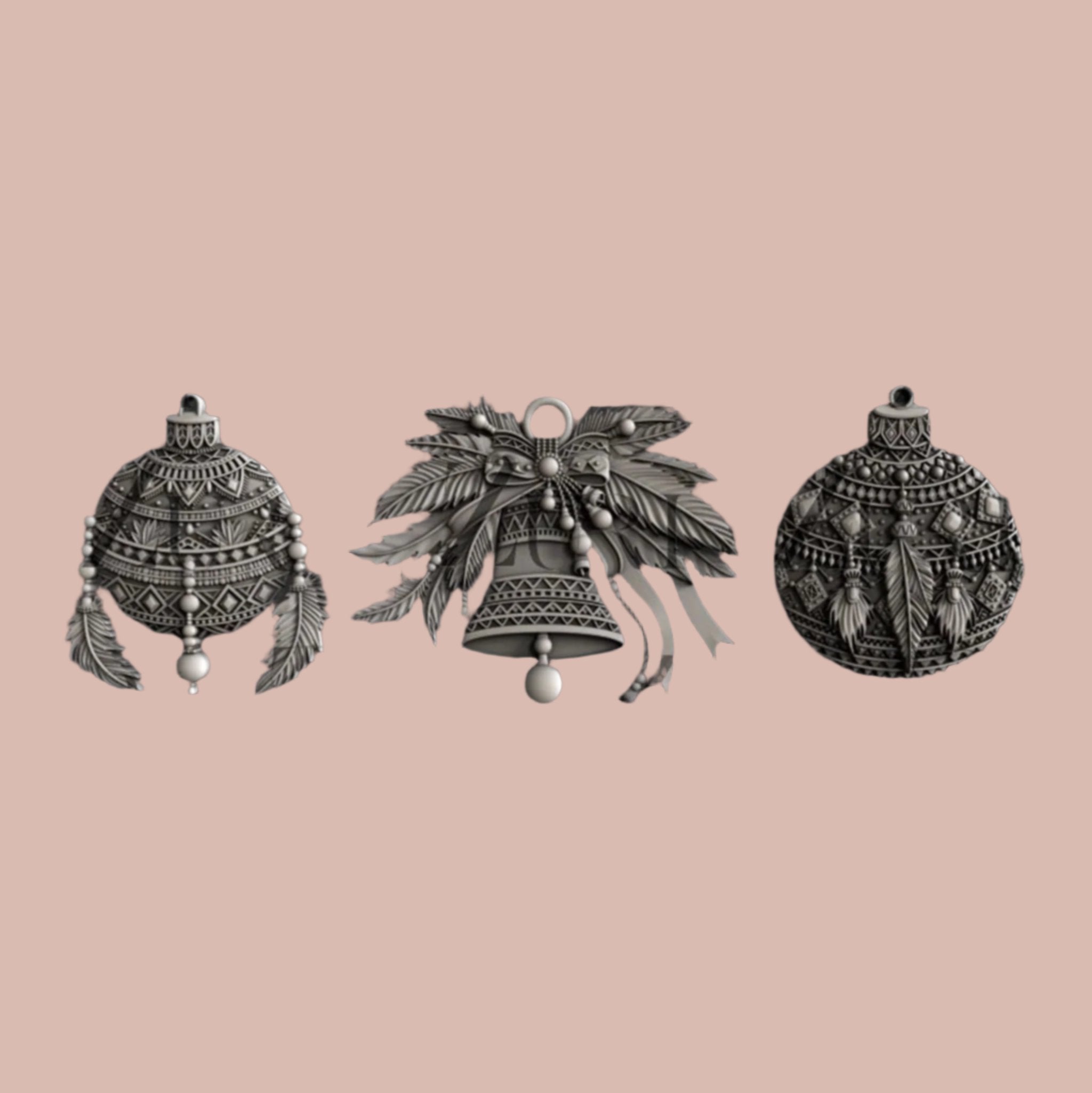 Silver colored castings of 3 Bohemian style Christmas ornaments are against a light pink background.