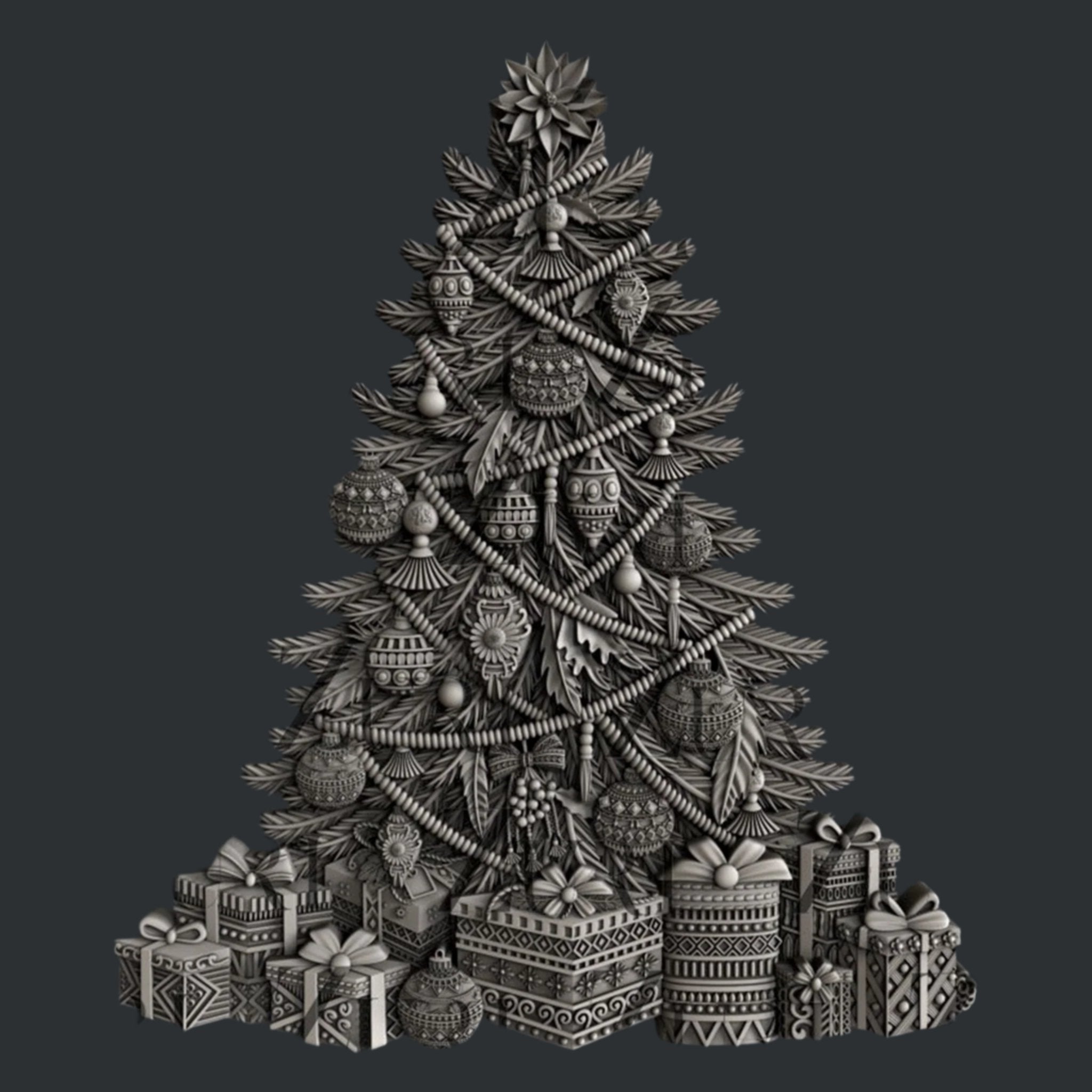 Silver colored casting of an ornately decorated Bohemian style Christmas tree with gifts is against a dark grey background.