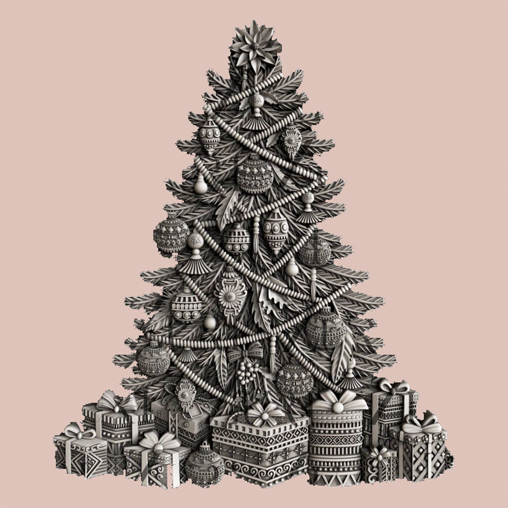 Silver colored casting of an ornately decorated Bohemian style Christmas tree with gifts is against a light pink background.