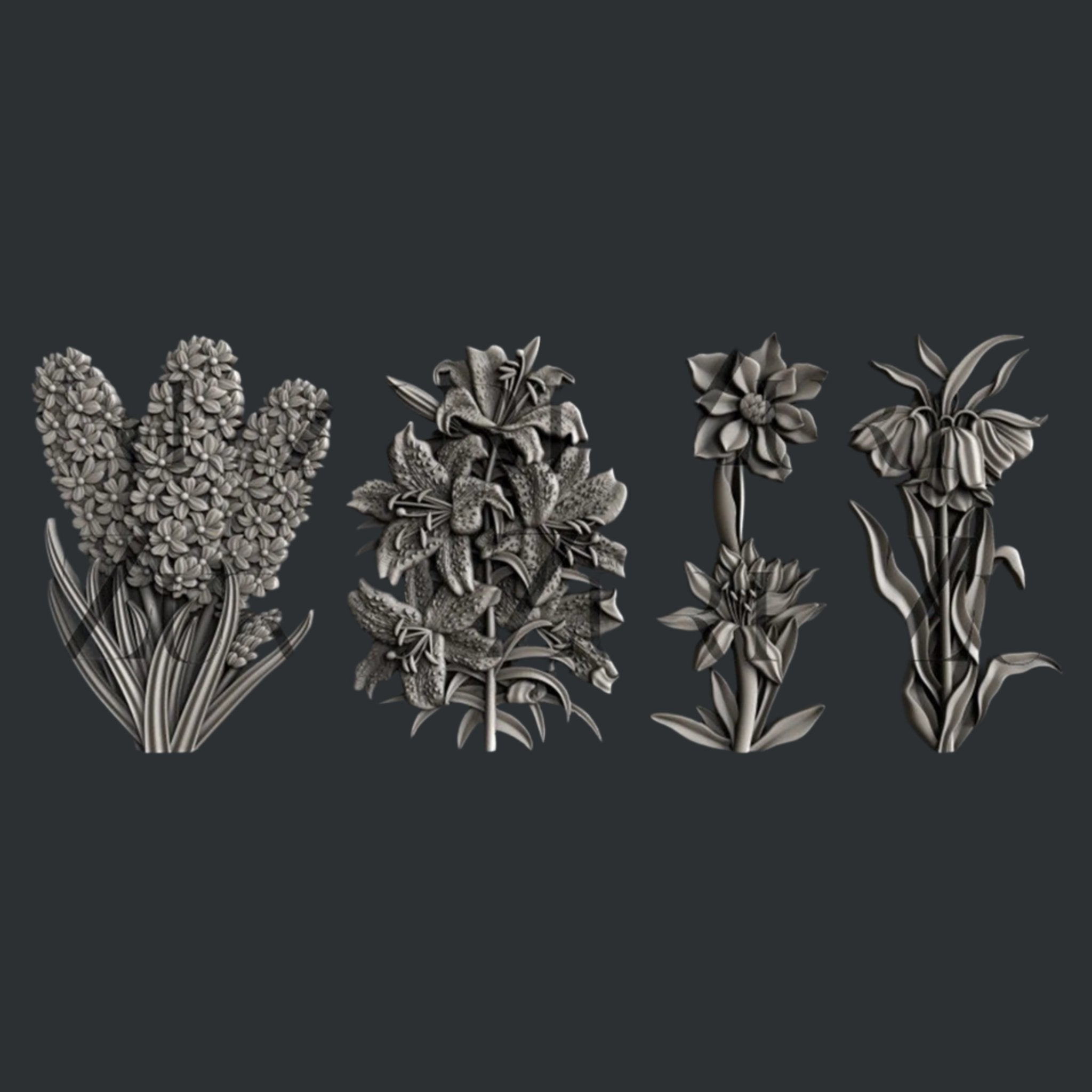 Silver colored castings of 4 flower clusters are against a dark grey background.