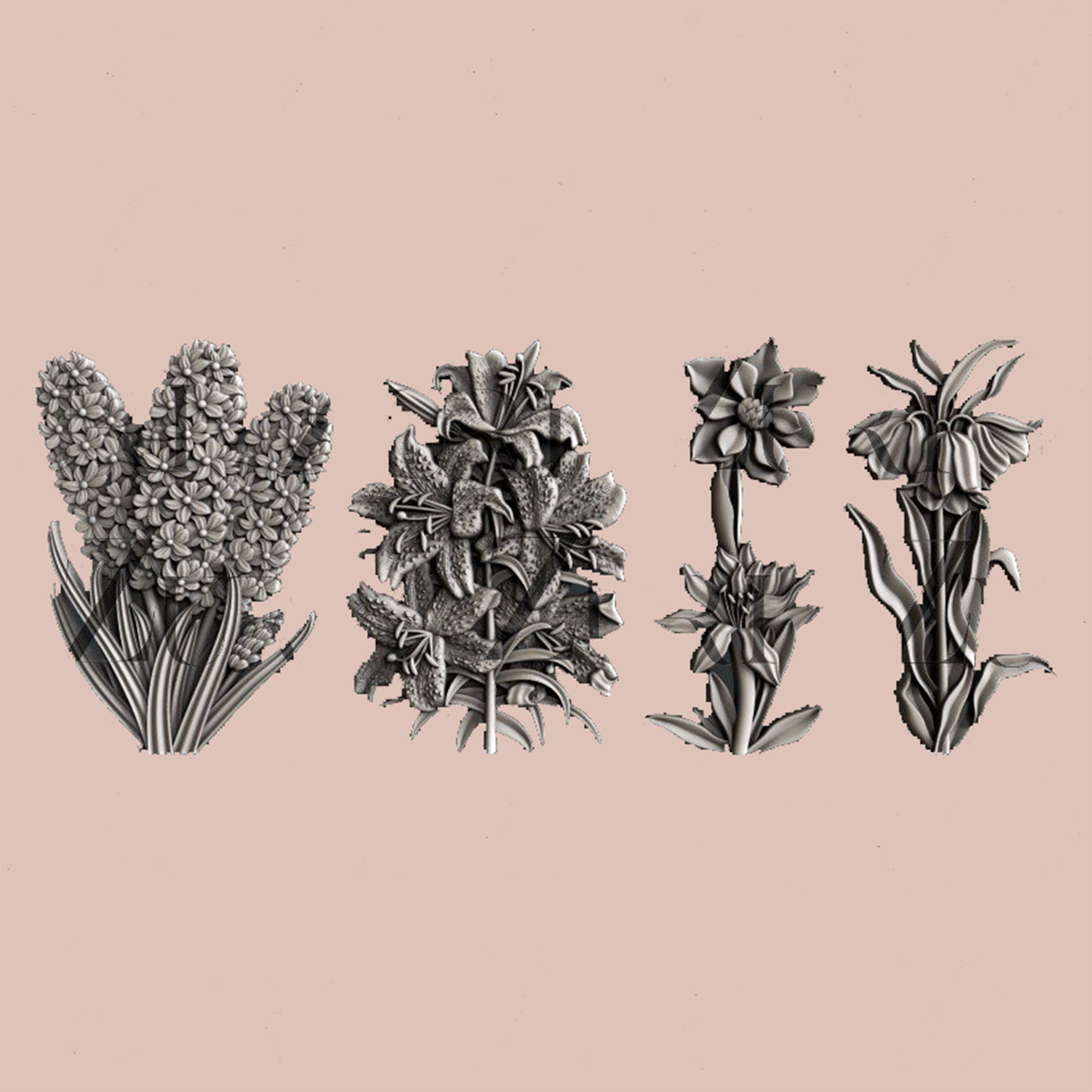 Silver colored castings of 4 flower clusters are against a light pink background.