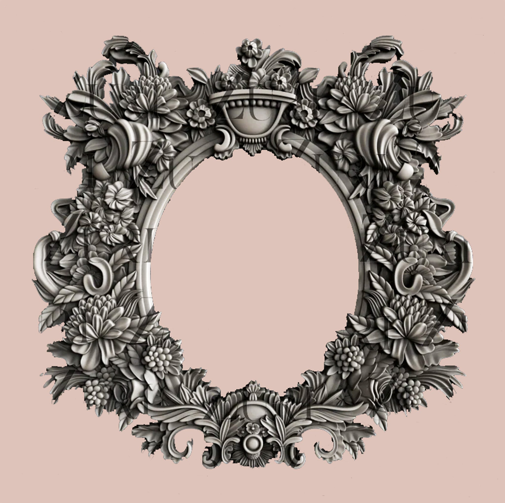 A silver colored casting of an intricately detailed oval floral frame is against a light pink background.