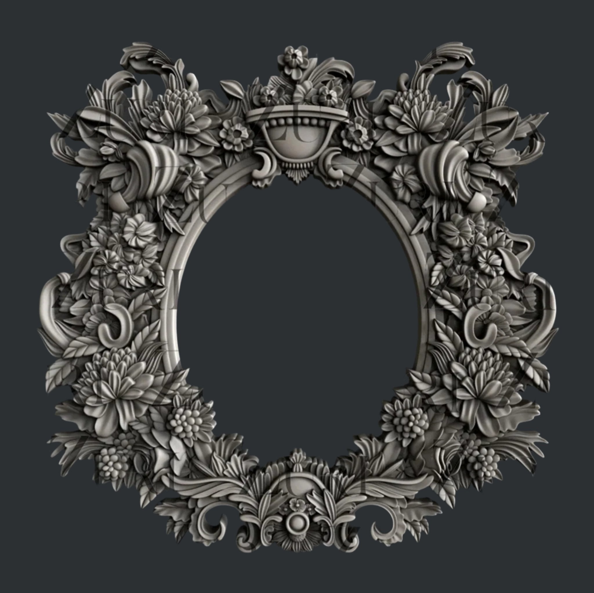 A silver colored casting of an intricately detailed oval floral frame is against a dark grey background.