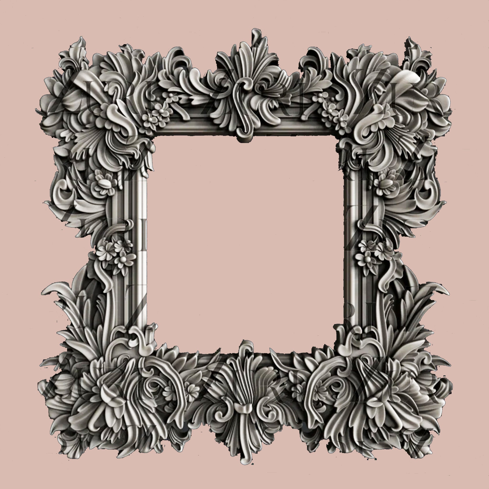 Silver colored silicone mold casting featuring an ornate floral square frame is against a light pink background.