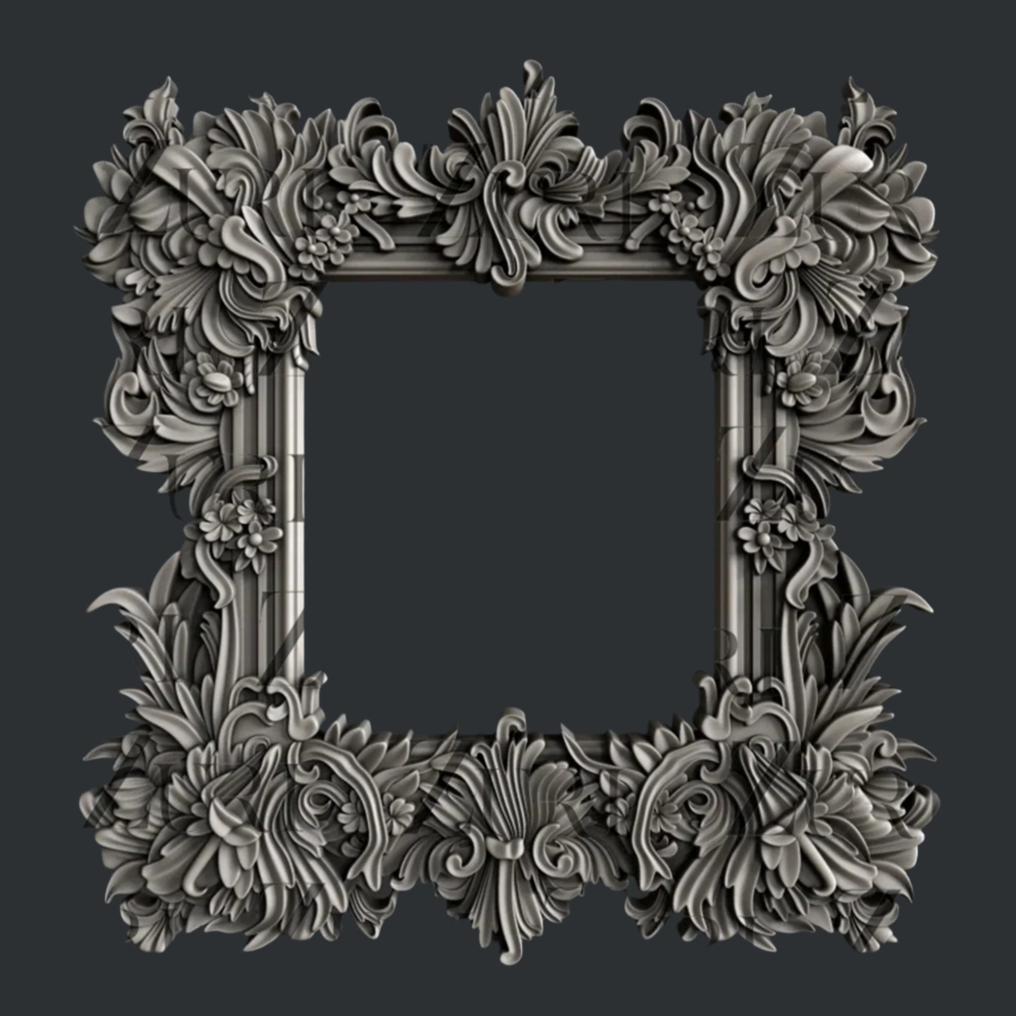 Silver colored silicone mold casting featuring an ornate floral square frame is against a dark grey background.