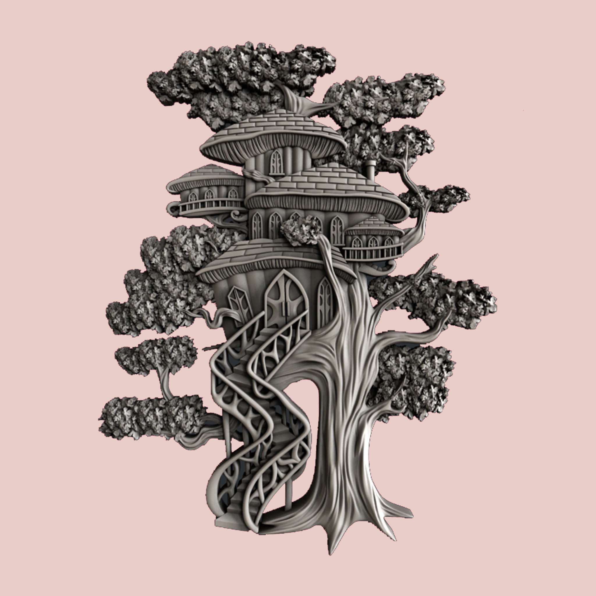 A silver colored casting of a tree house made of mushrooms is against a light pink background.