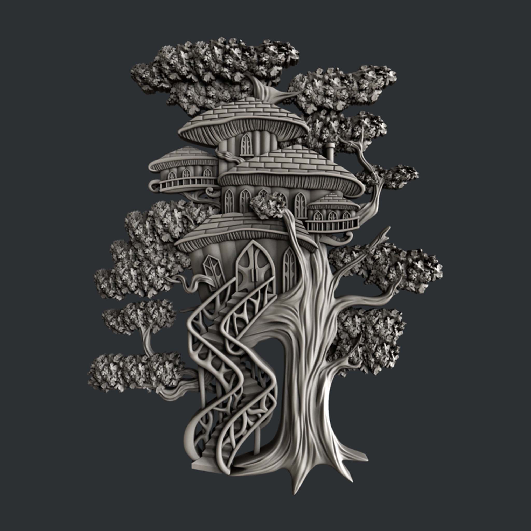 A silver colored casting of a tree house made of mushrooms is against a dark grey background.