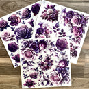 Three Zuri Amethyst Garden 12x12 rub-on furniture transfer sheets with purple roses and floral bouquets on a wood background