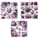 Three Zuri Amethyst Garden 12x12 rub-on furniture transfer sheets with purple roses and floral bouquets on a wood background