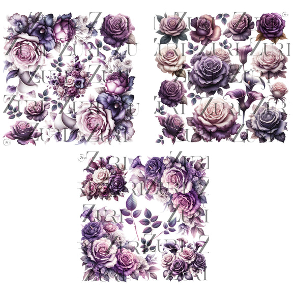 Three Zuri Amethyst Garden 12x12 rub-on furniture transfer sheets with purple roses and floral bouquets on a wood background