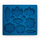 A blue silicone mold featuring 10 varying size Baroque style medallion accents is against a white background.