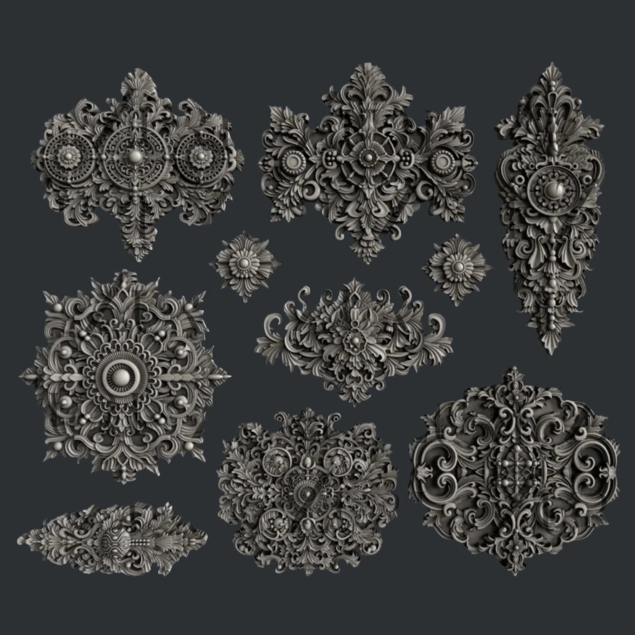 Dark silver colored silicone mold castings of 10 varying size Baroque style medallion accents are against a dark grey background.