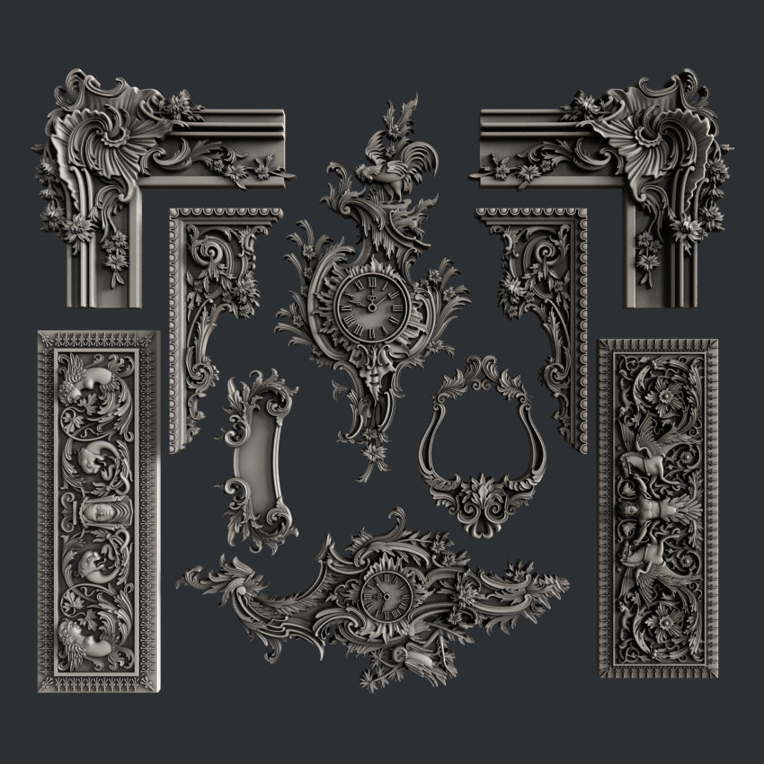 Silver colored silicone castings of ornate frame corners, borders, and center accent pieces are against a dark grey background.