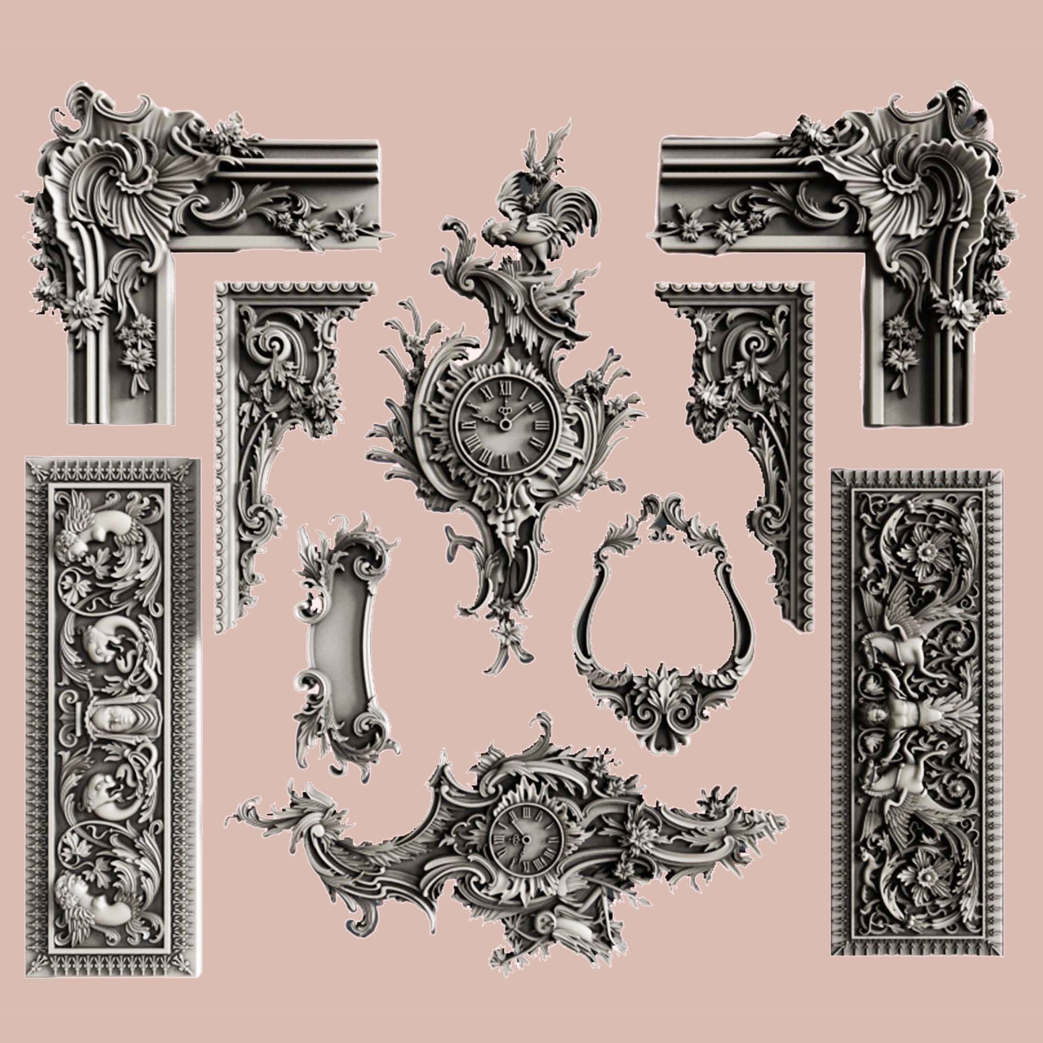 Silver colored silicone castings of ornate frame corners, borders, and center accent pieces are against a light pink background.