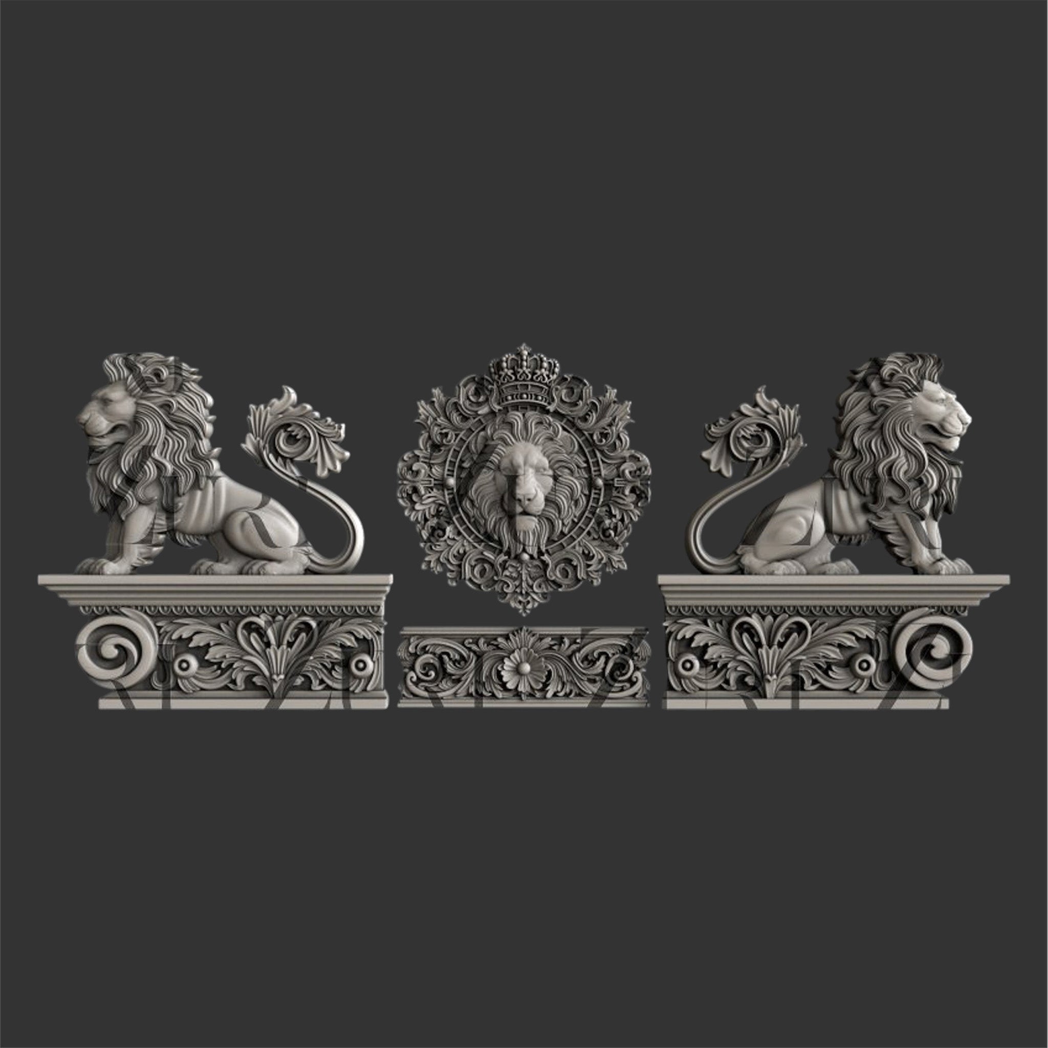 Silver colored silicone mold castings featuring two lion statues facing opposite directions, a lion's head in a frame, and a low baroque border are against a dark grey background.