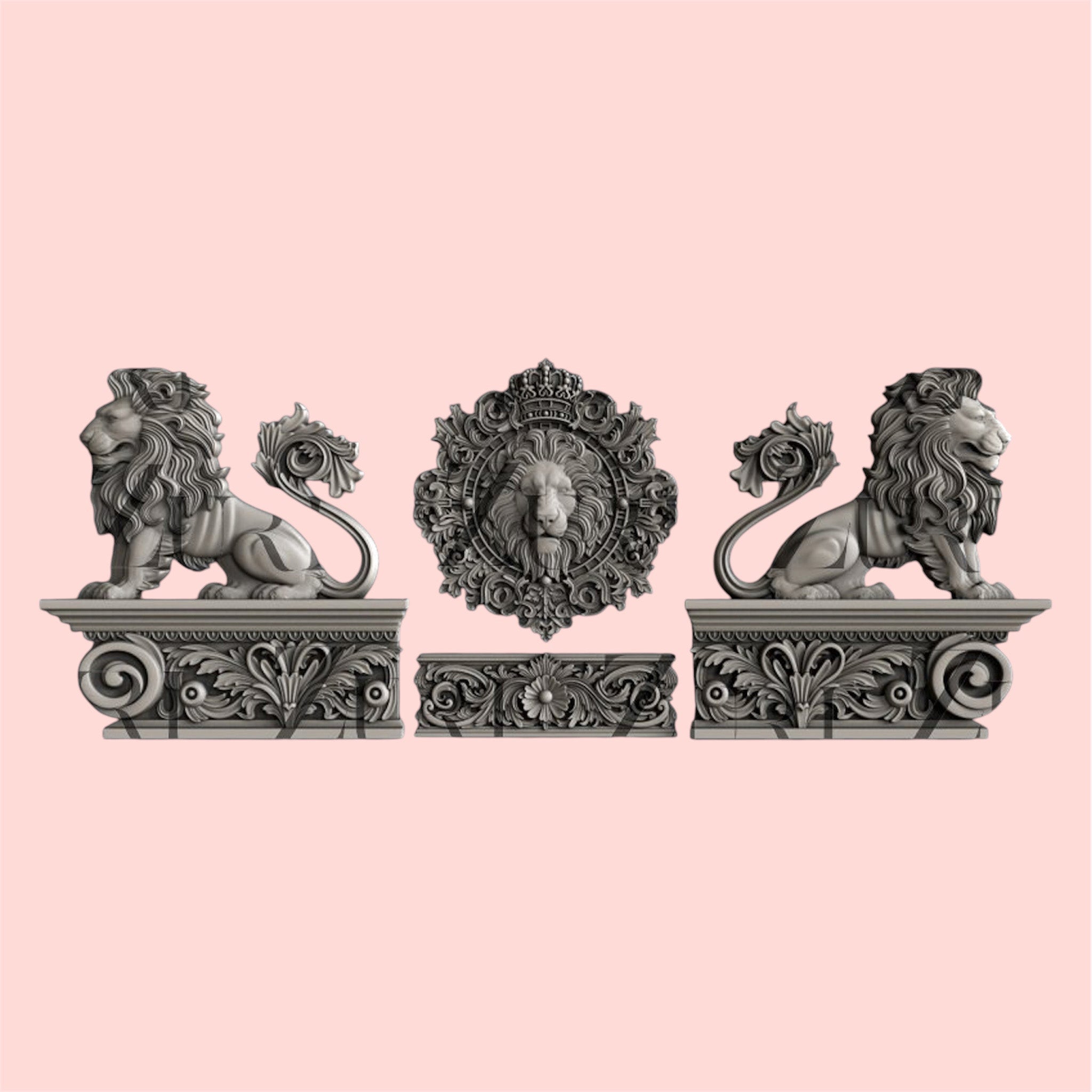 Silver colored silicone mold castings featuring two lion statues facing opposite directions, a lion's head in a frame, and a low baroque border are against a light pink background.