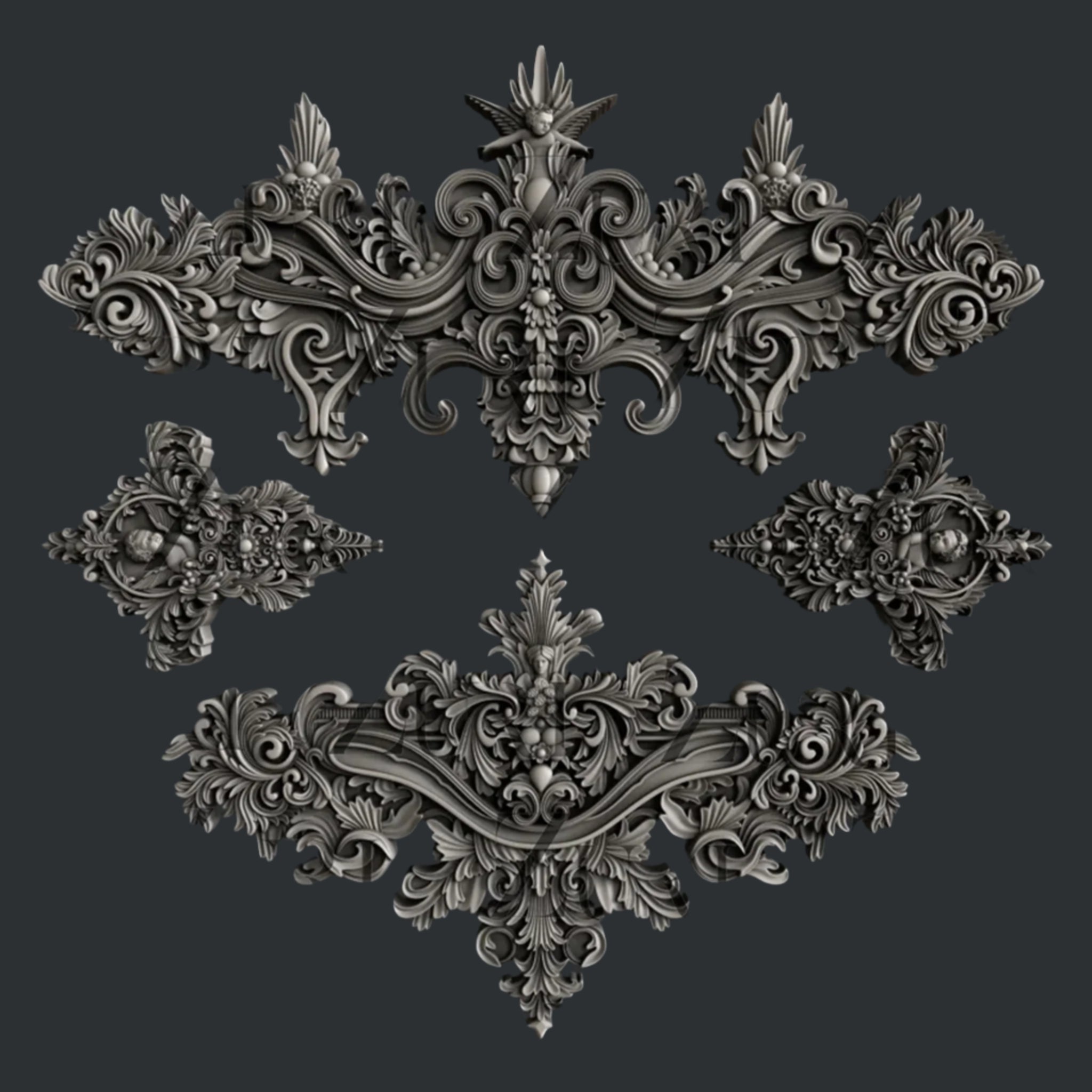 Dark silver colored silicone mold castings of 2 large, and 2 small ornate baroque accent center pieces are against a dark grey background.