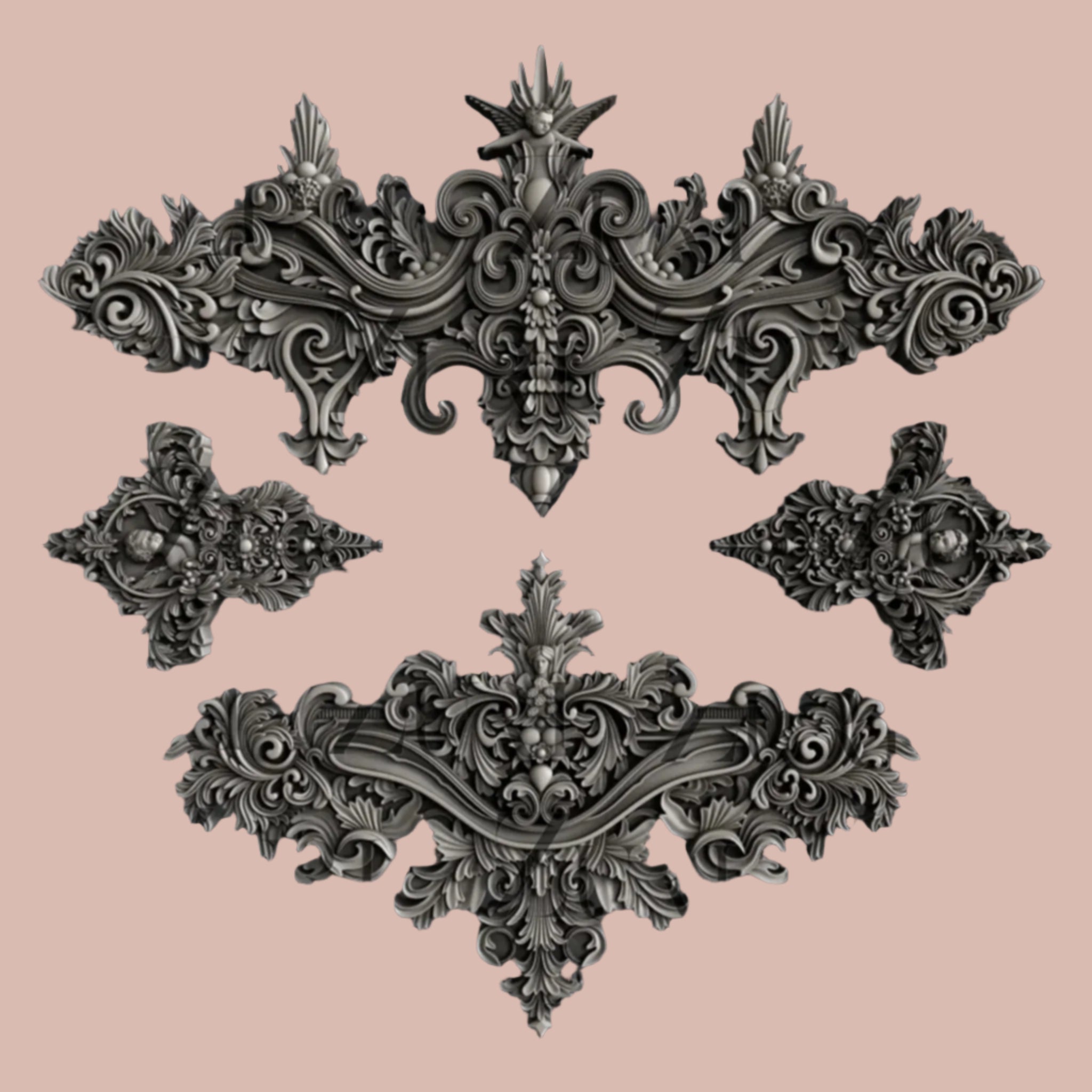 Dark silver colored silicone mold castings of 2 large, and 2 small ornate baroque accent center pieces are against a light pink background.