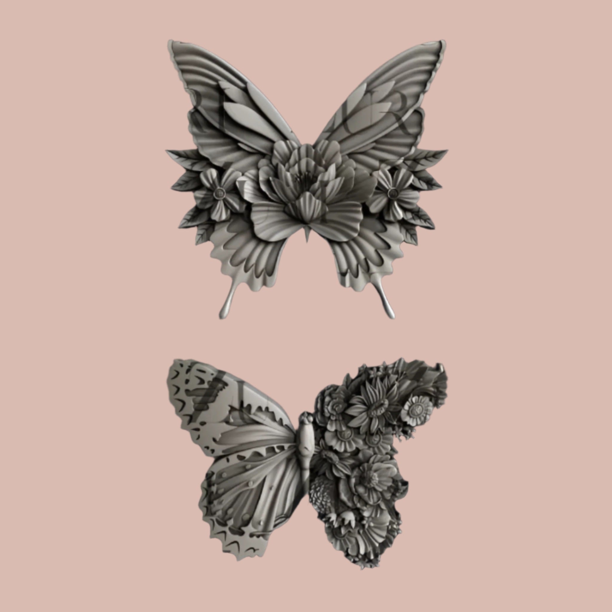 Silver colored silicone mold castings of 2 floral butterflies are against a light pink background.