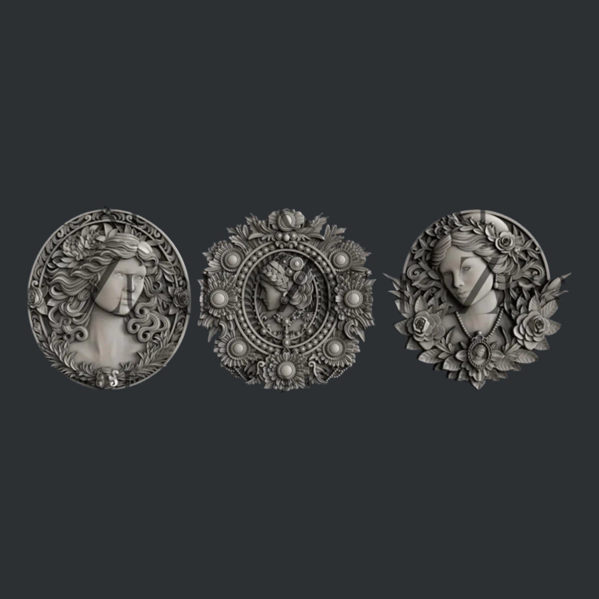 Dark silver color silicone mold castings of 3 ornate cameo medallions are against a dark grey background.