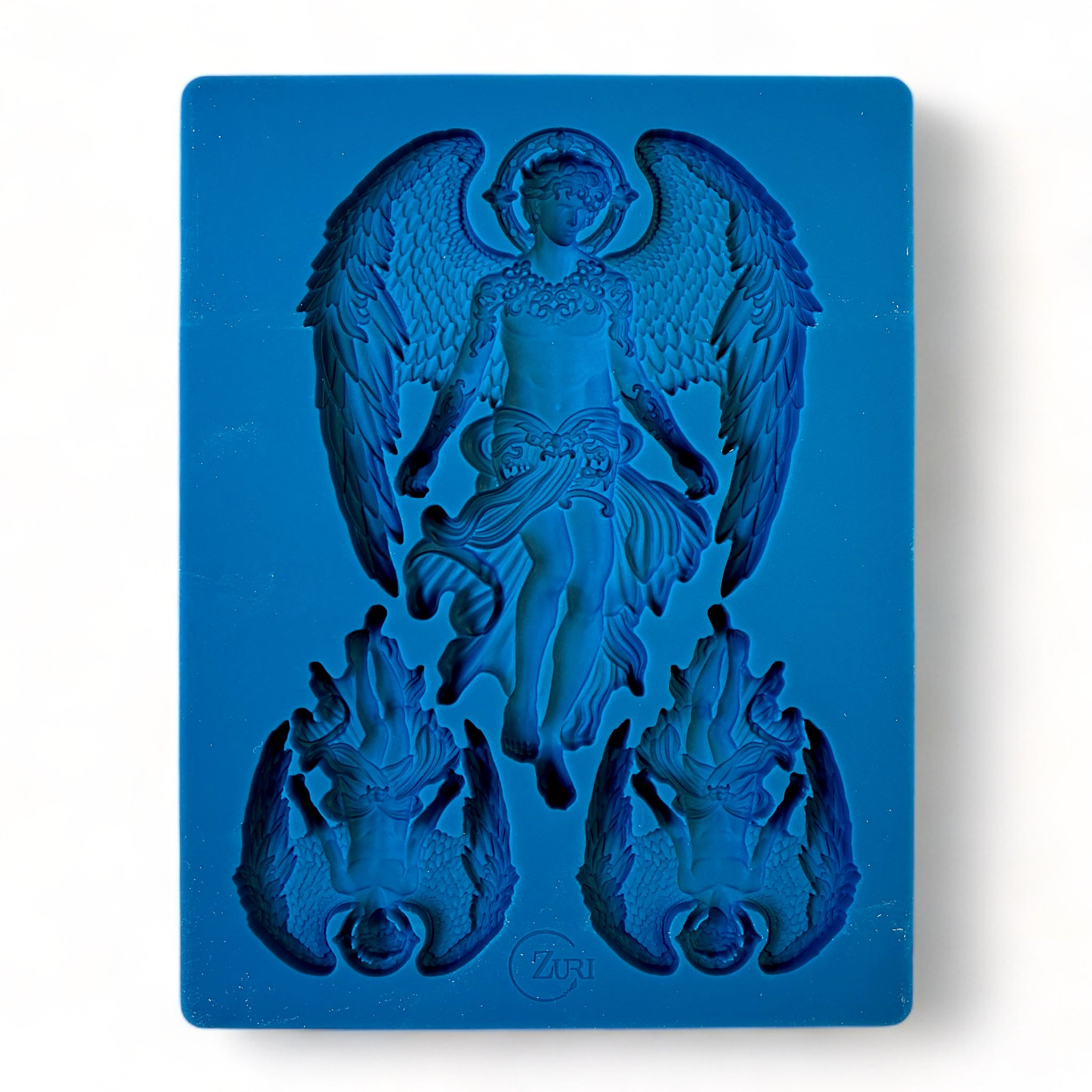 A blue silicone mold featuring 1 large, and 2 small celestial angels with large wings is against a white background.