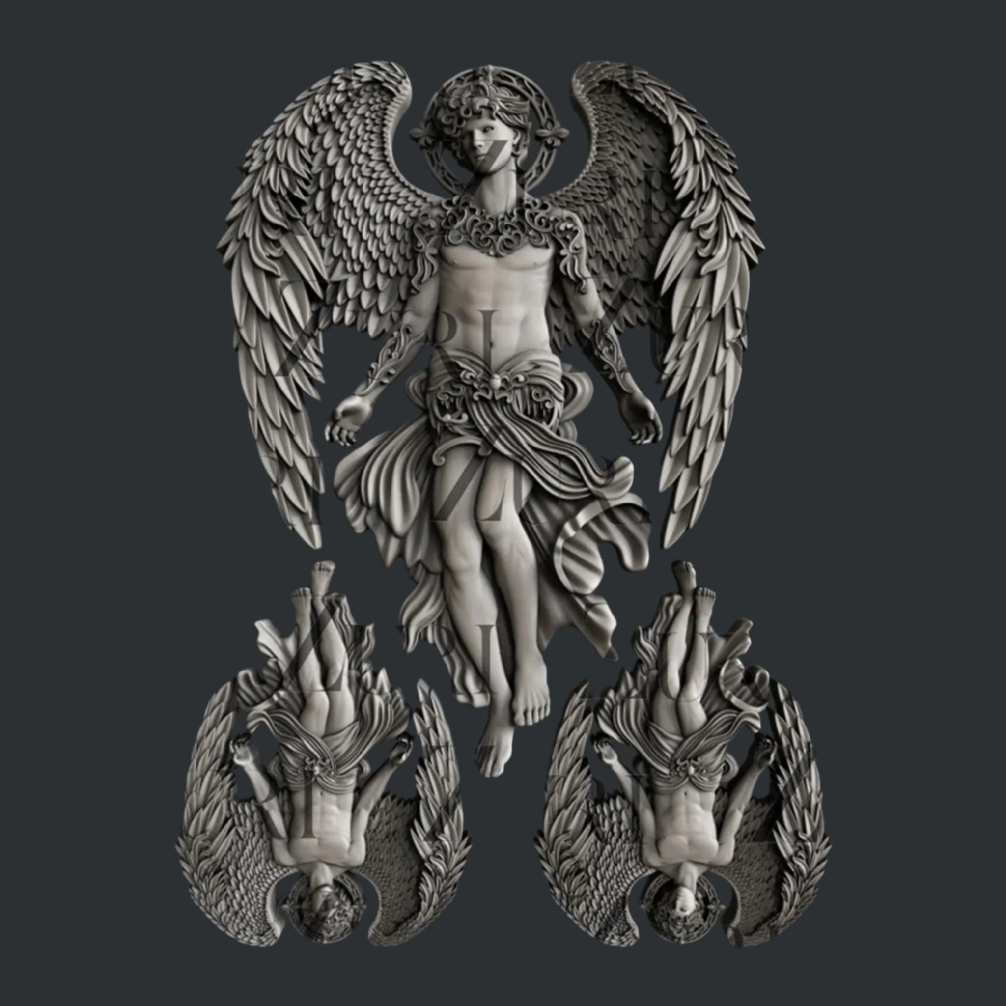 Dark silver colored silicone mold castings of 1 large, and 2 small celestial angels with large wings are against a dark grey background.