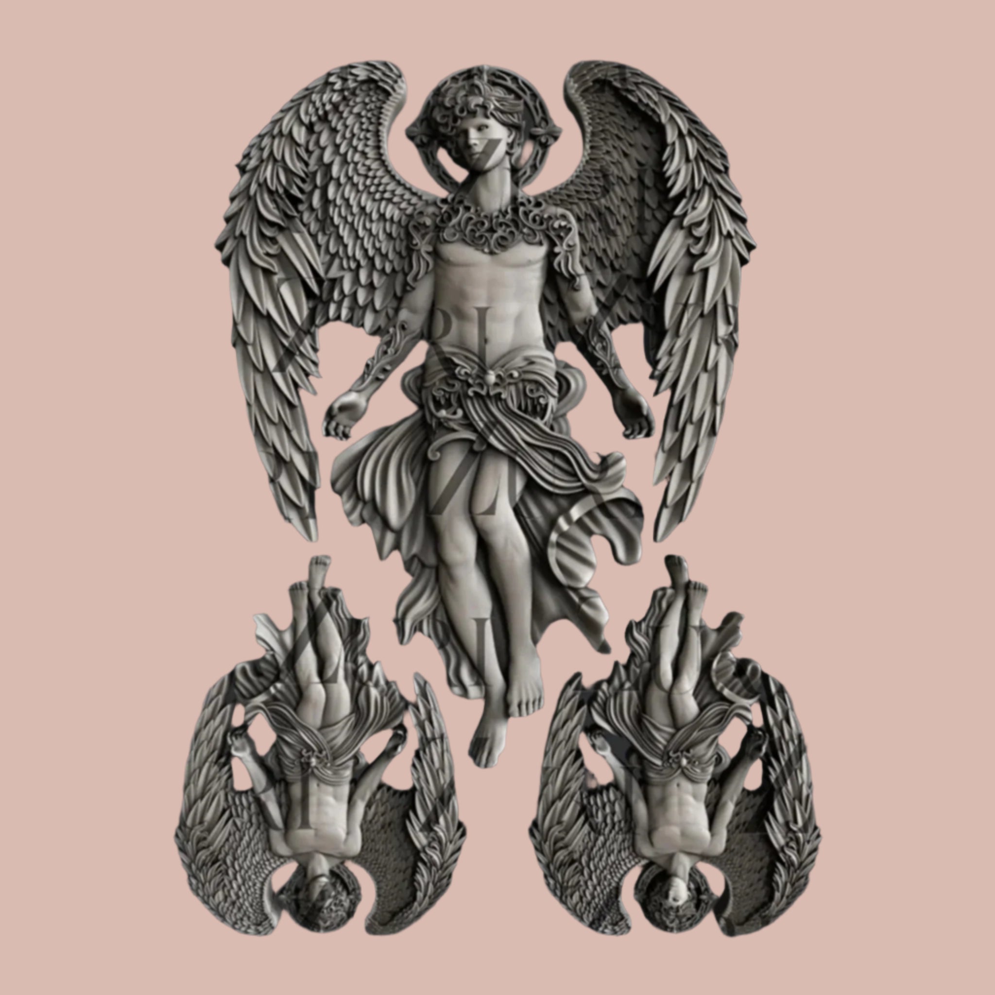 Dark silver colored silicone mold castings of 1 large, and 2 small celestial angels with large wings are against a light pink background.