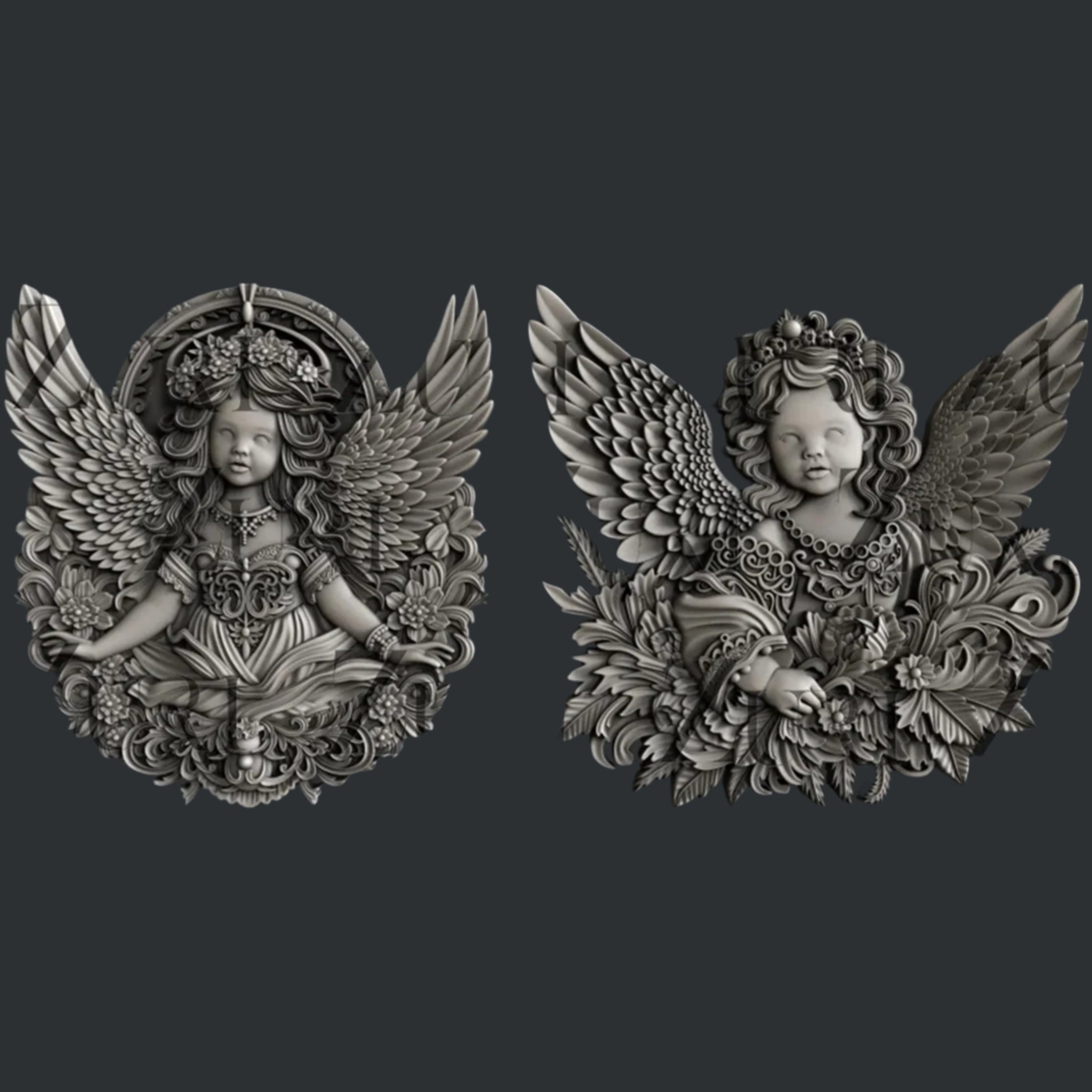 Dark silver colored silicone mold castings of ornately designed cherub angels are against a dark grey background.