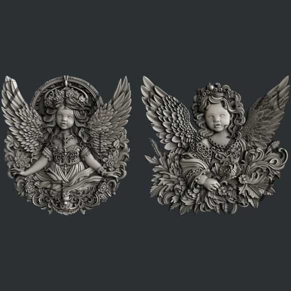 Two Zuri Cherub Twins ornate angel embellishment designs shown side by side for resin, clay, soap, and mixed media