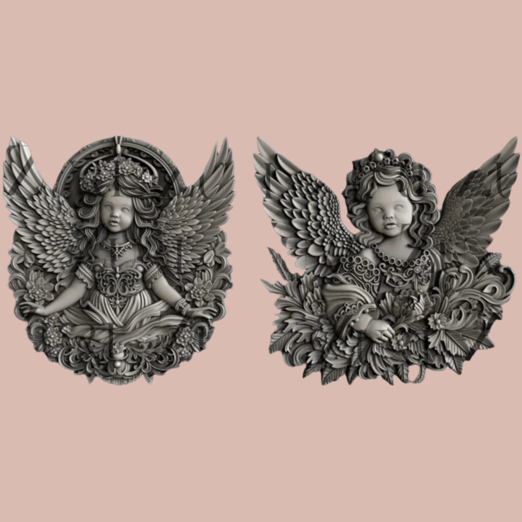 Dark silver colored silicone mold castings of ornately designed cherub angels are against a light pink background.