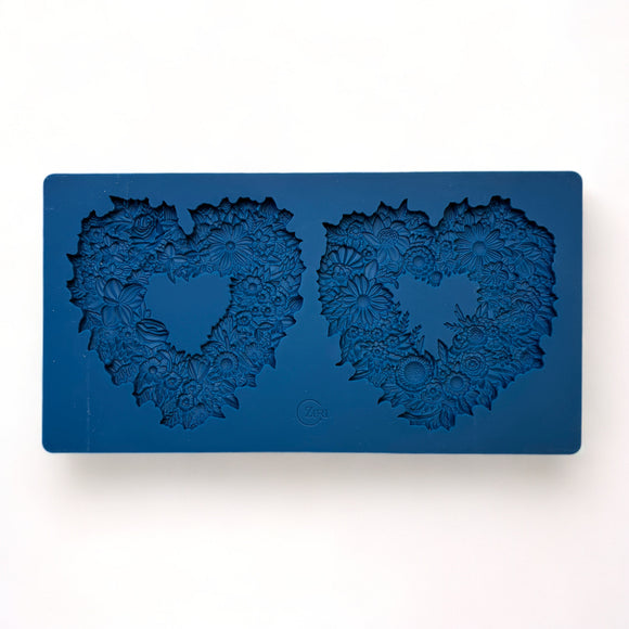 Blue Zuri silicone mold with two Floral Lovehearts heart frame cavities