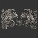 Silver colored silicone mold castings featuring 2 large gargoyle statues and a smaller gargoyle medallion are against a dark grey background.