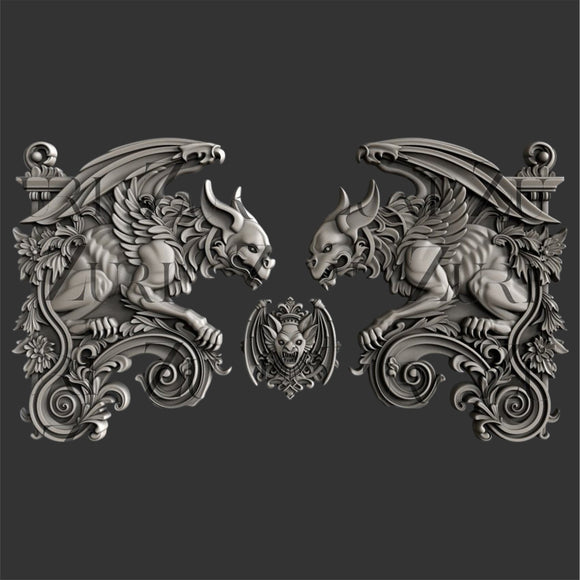 Silver colored silicone mold castings featuring 2 large gargoyle statues and a smaller gargoyle medallion are against a dark grey background.