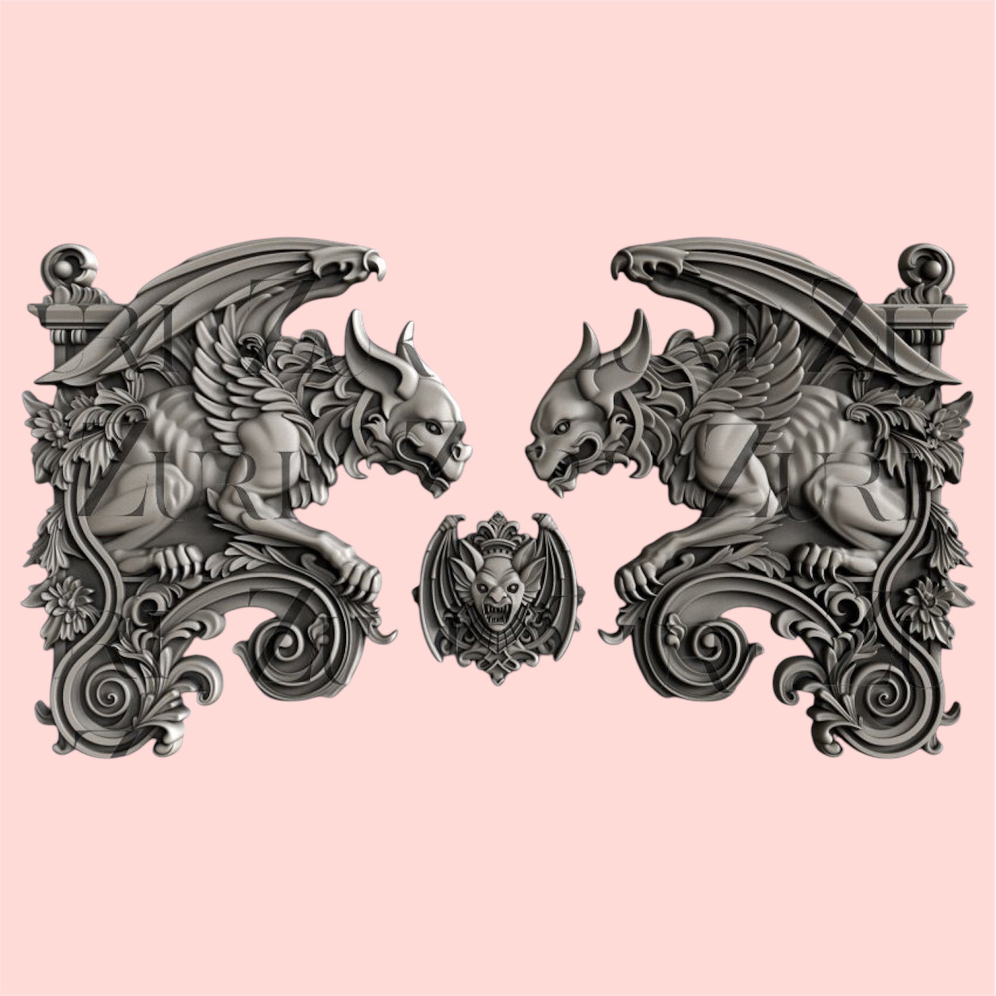 Silver colored silicone mold castings featuring 2 large gargoyle statues and a smaller gargoyle medallion are against a light pink background.