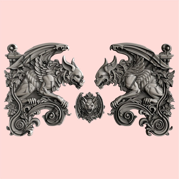 Silver colored silicone mold castings featuring 2 large gargoyle statues and a smaller gargoyle medallion are against a light pink background.