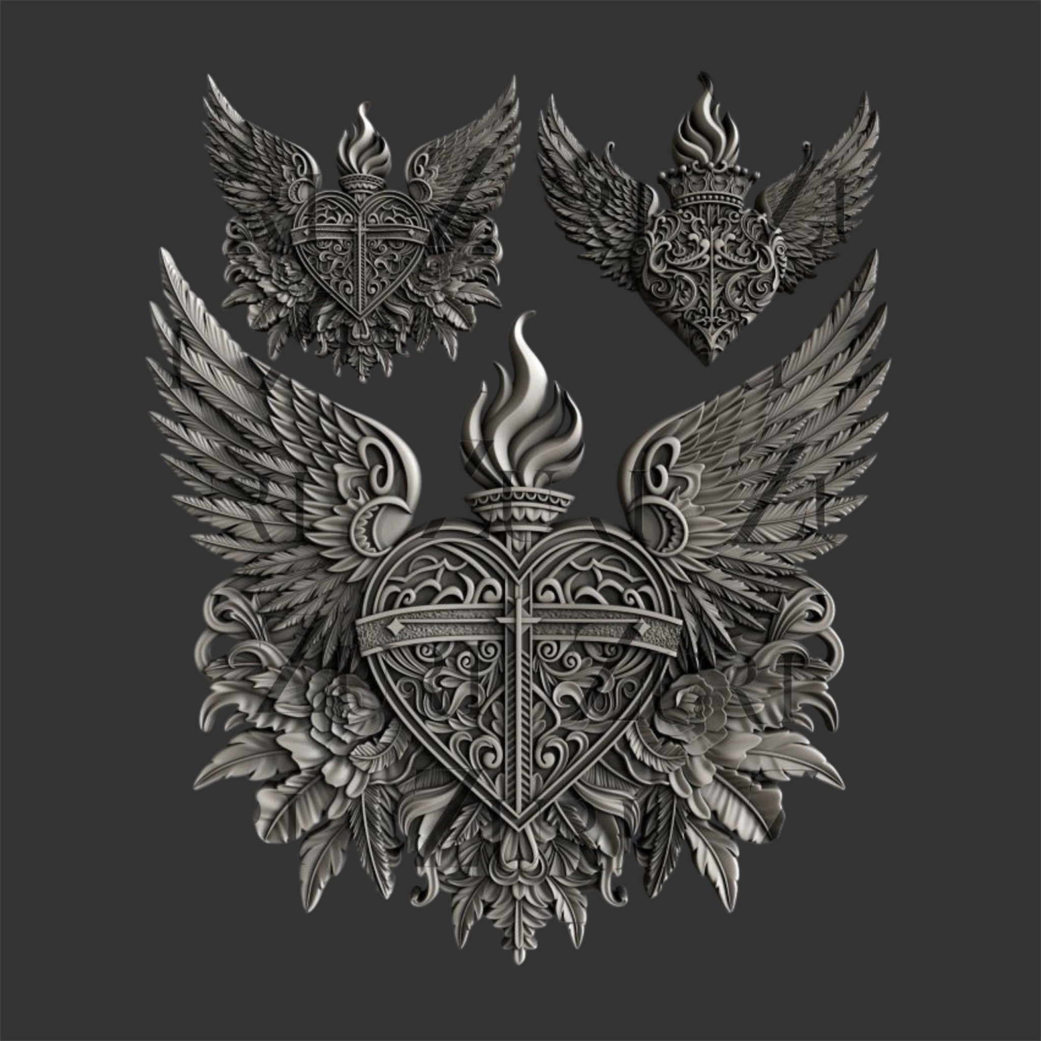 Silver colored silicone mold castings featuring 2 small and 1 large heart, each topped with flames and surrounded by wings, all nestled upon delicate flowers are against a dark grey background.