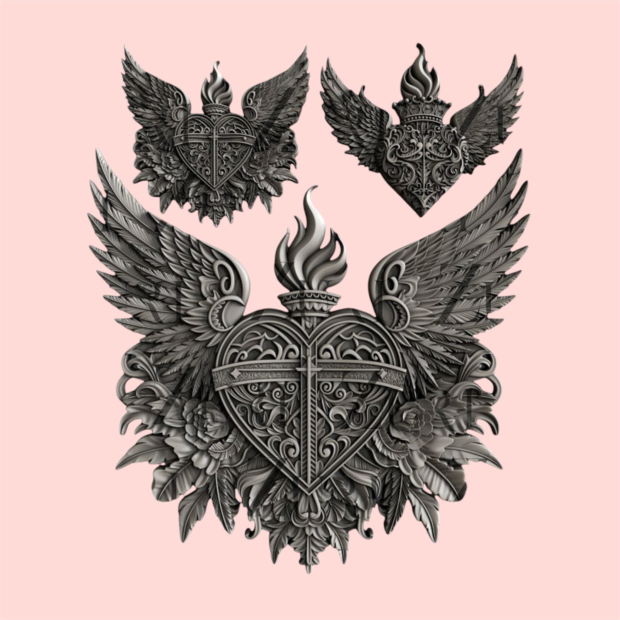Silver colored silicone mold castings featuring 2 small and 1 large heart, each topped with flames and surrounded by wings, all nestled upon delicate flowers are against a light pink background.