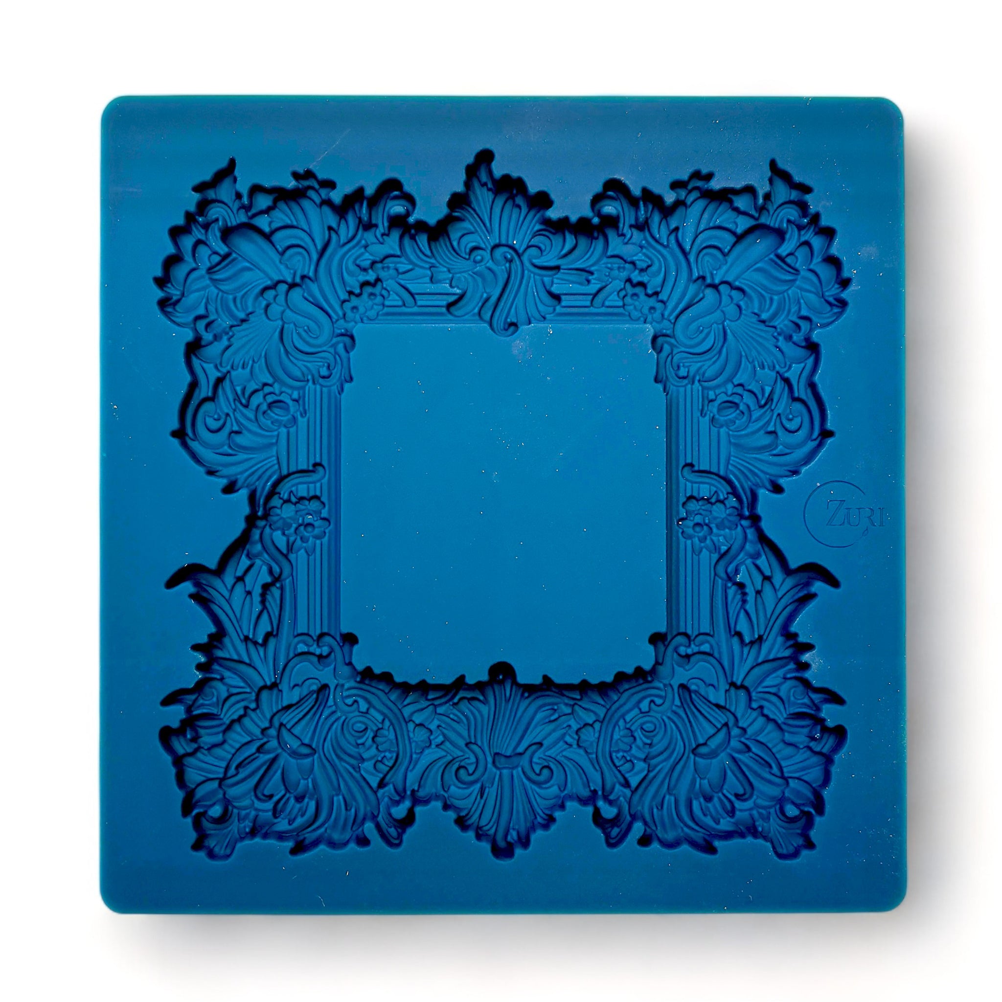 A blue silicone mold of Zuri Design's Square Frame is against a white background.