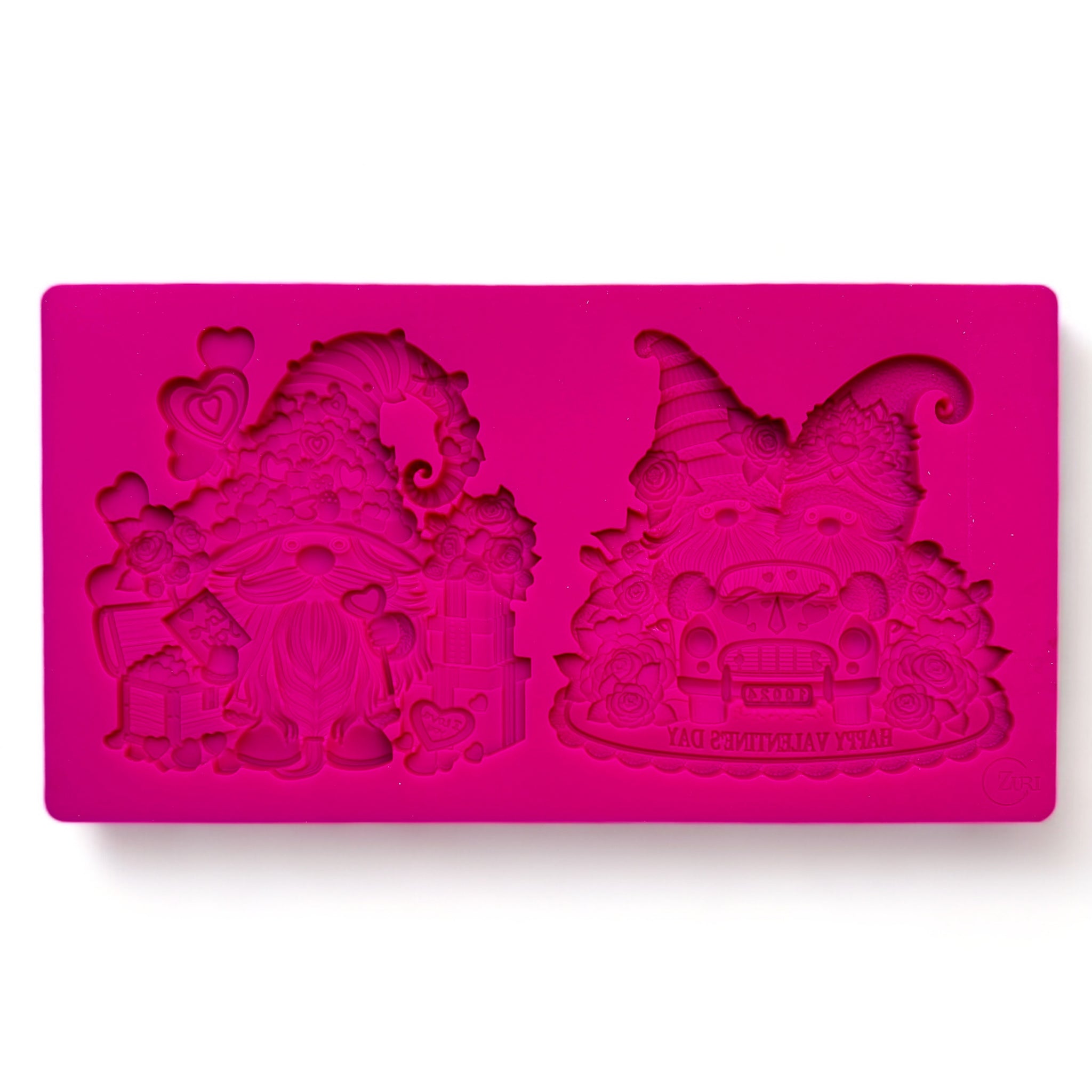 A pink silicone mold of 2 Valentine's Day themed gnomes is against a white background.