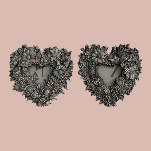 Two floral heart frame castings from Zuri Floral Lovehearts silicone mold on blush pink background