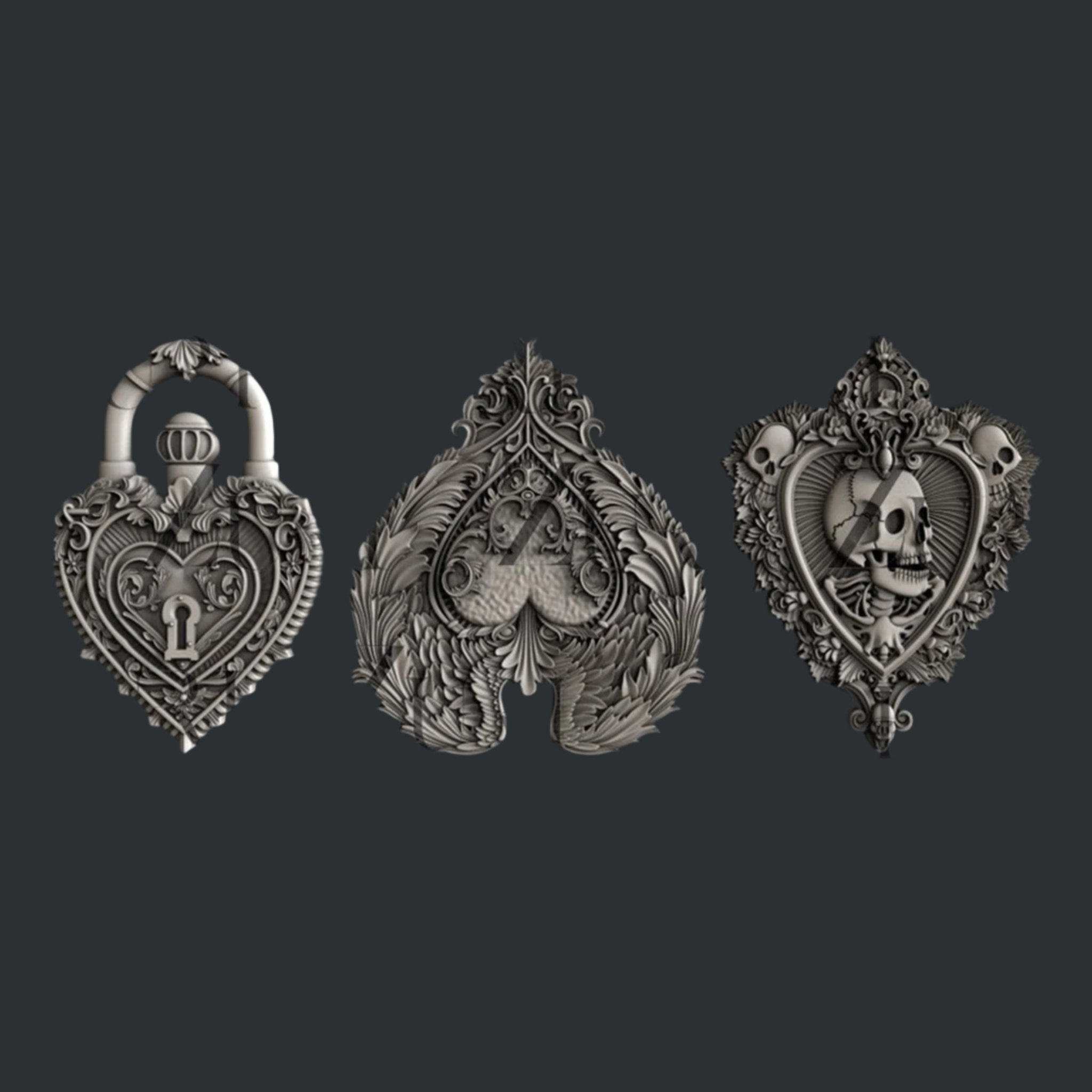 Silver colored silicone mold castings of 3 ornate hearts, one as a lock, one with feather wings, and one with skulls, are against a dark grey background.