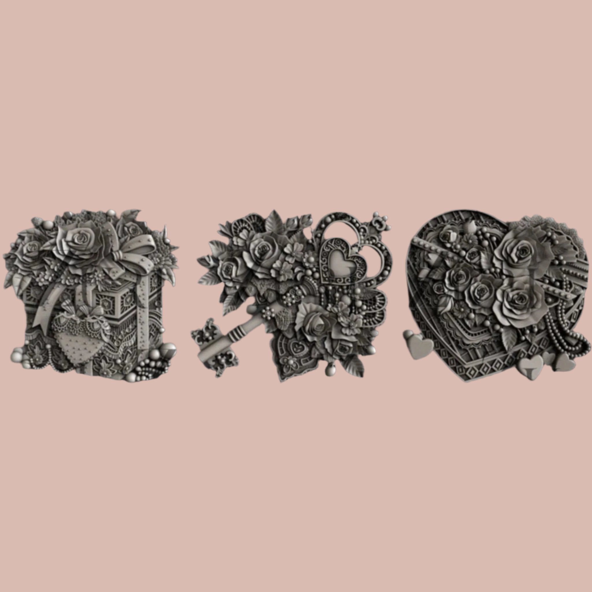 Three silver colored silicone mold castings of ornately decorated Valentine's Day gifts boxes, chocolates, and a vintage key are against a light pink background.