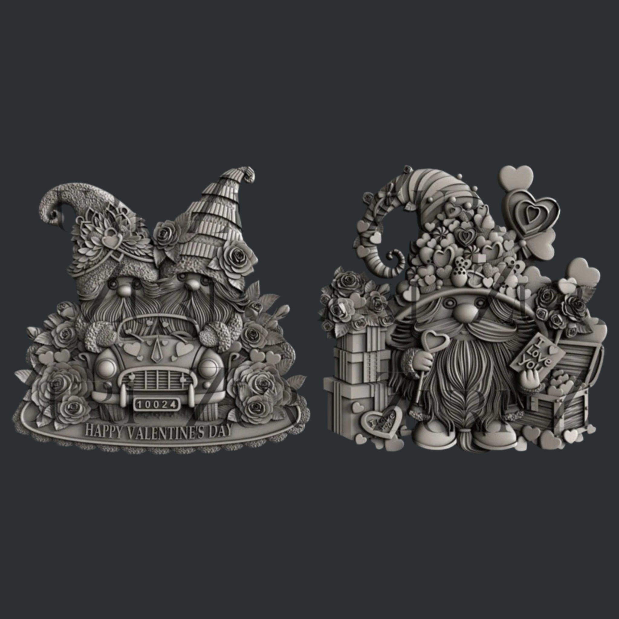 Two silver colored silicone mold castings of Valentine's Day themed gnomes, one surrounded by hearts and gifts, and the other 2 gnomes in a car surrounded by flowers, are against a dark grey background.