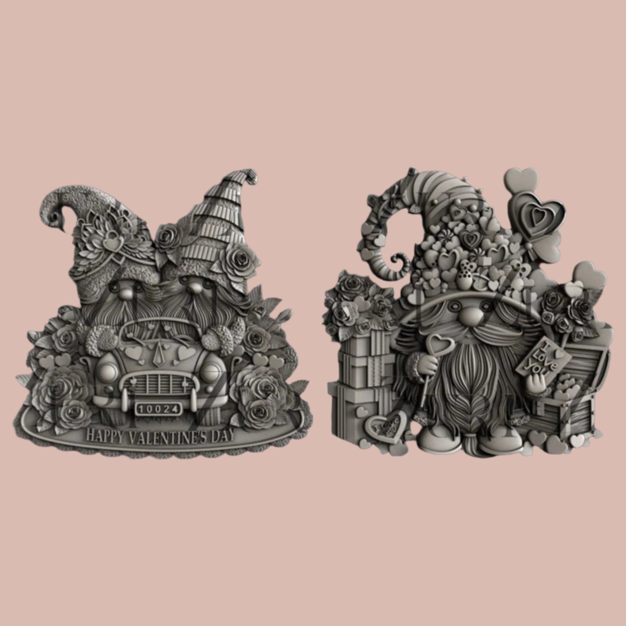 Two silver colored silicone mold castings of Valentine's Day themed gnomes, one surrounded by hearts and gifts, and the other 2 gnomes in a car surrounded by flowers, are against a light pink background.