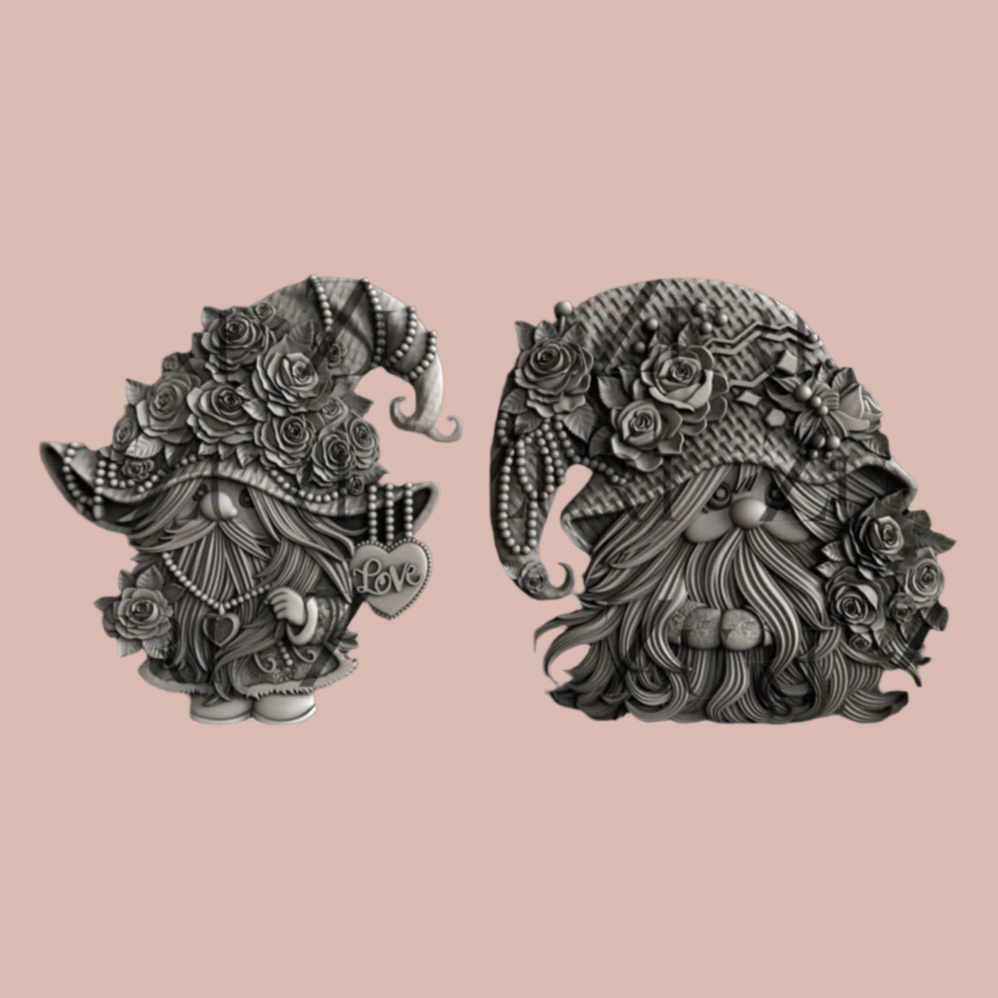 Silver colored silicone mold castings of 2 adorable Valentine's Day themes gnomes with large hats are against a light pink background.